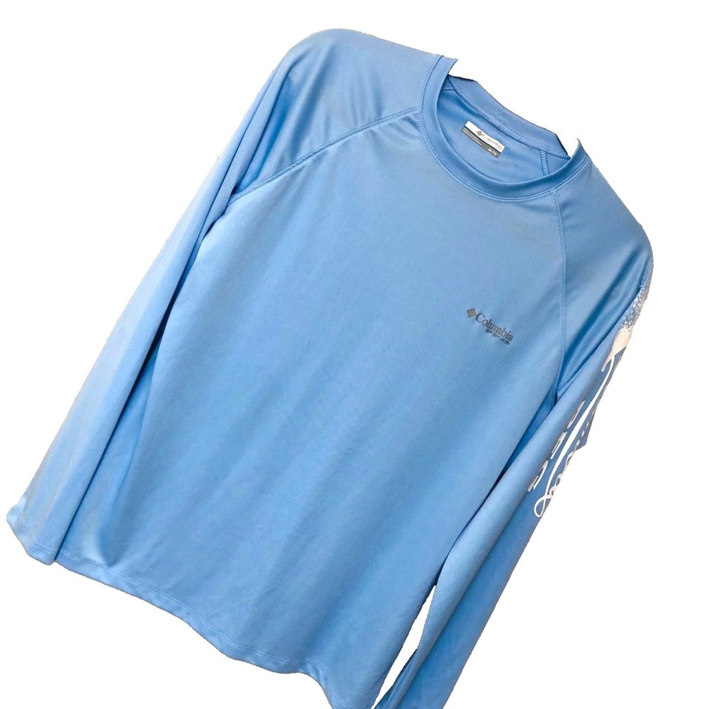 COLUMBIA Long Slv Shirt Men's‎ XL Blue Performance PFG Omni Shade  Spell Out UPF